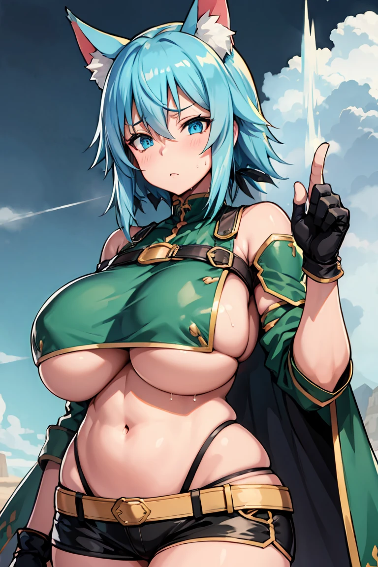 nsfw, sinon 1, short hair with long hair, hair between eyes, blush, side lock, huge breasts, revealing clothes, blue clothes, gloves, Thighhighs, (off shoulder, bare shoulders), (underboob:1.5), (abdomen, belly button, T-back),
sinon 1, animal ears, black ribbon, black shorts, breastplate, hair ribbon, short shorts, abdomen, fingerless gloves, thigh strap, side lock, hair between eyes, Green armor, shoulder armor、 huge breasts、A long chest overflowing、huge breasts、huge breasts、abnormally large、unusually huge breasts、Gigantic Sagging Breasts、long chest、lower chest、Ahegao,Ohkao, full nude,sweat, wet, steam, water drop, 