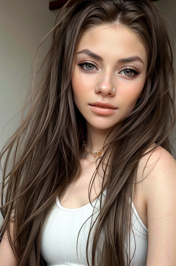 EvelinAndras, focus on the eyes, close up on face, wearing jewelry, flowing styled hair in layers