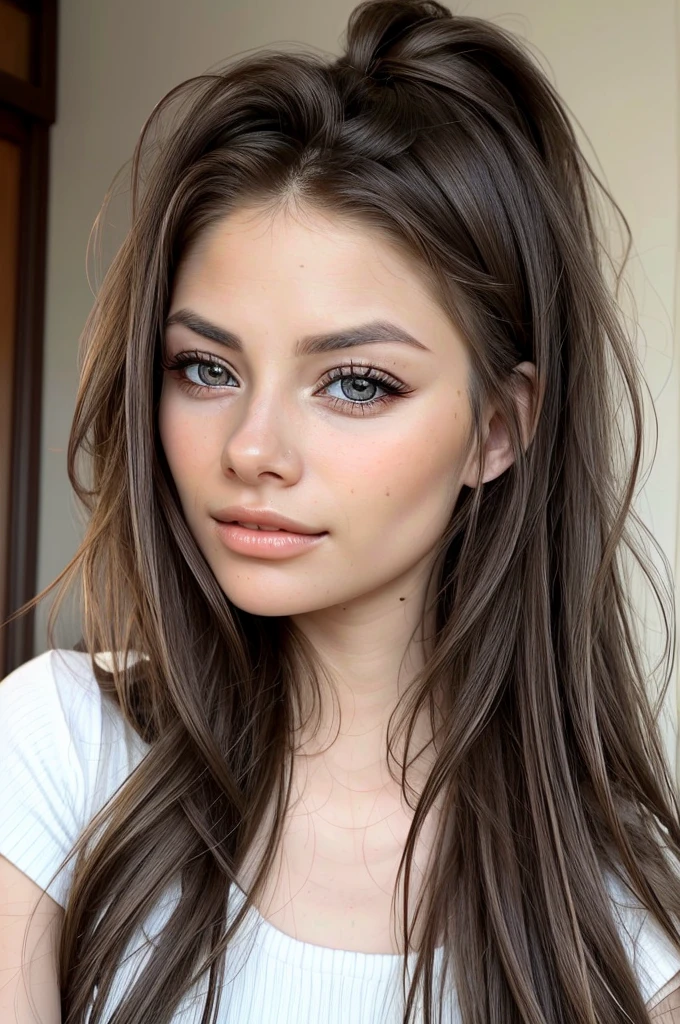 EvelinAndras, focus on the eyes, close up on face, wearing jewelry, flowing styled hair in layers