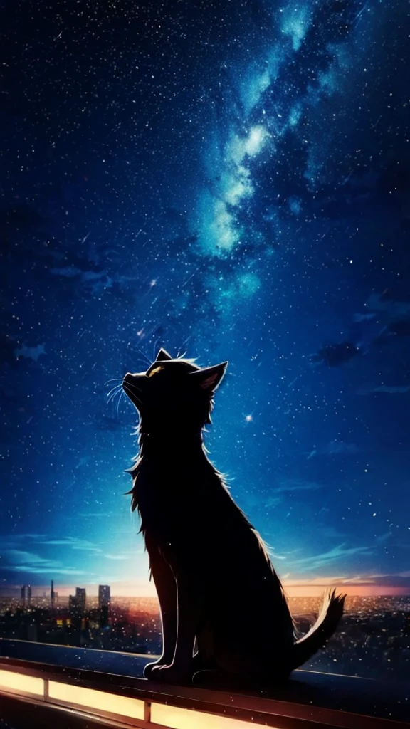 anime painting inspired by Makoto Shinkai, space art, sideways black cat sitting on the roof of a building looking at the sky, mysterious, fantastic, meteor shower, intricate lights, twinkling city lights,unmanned