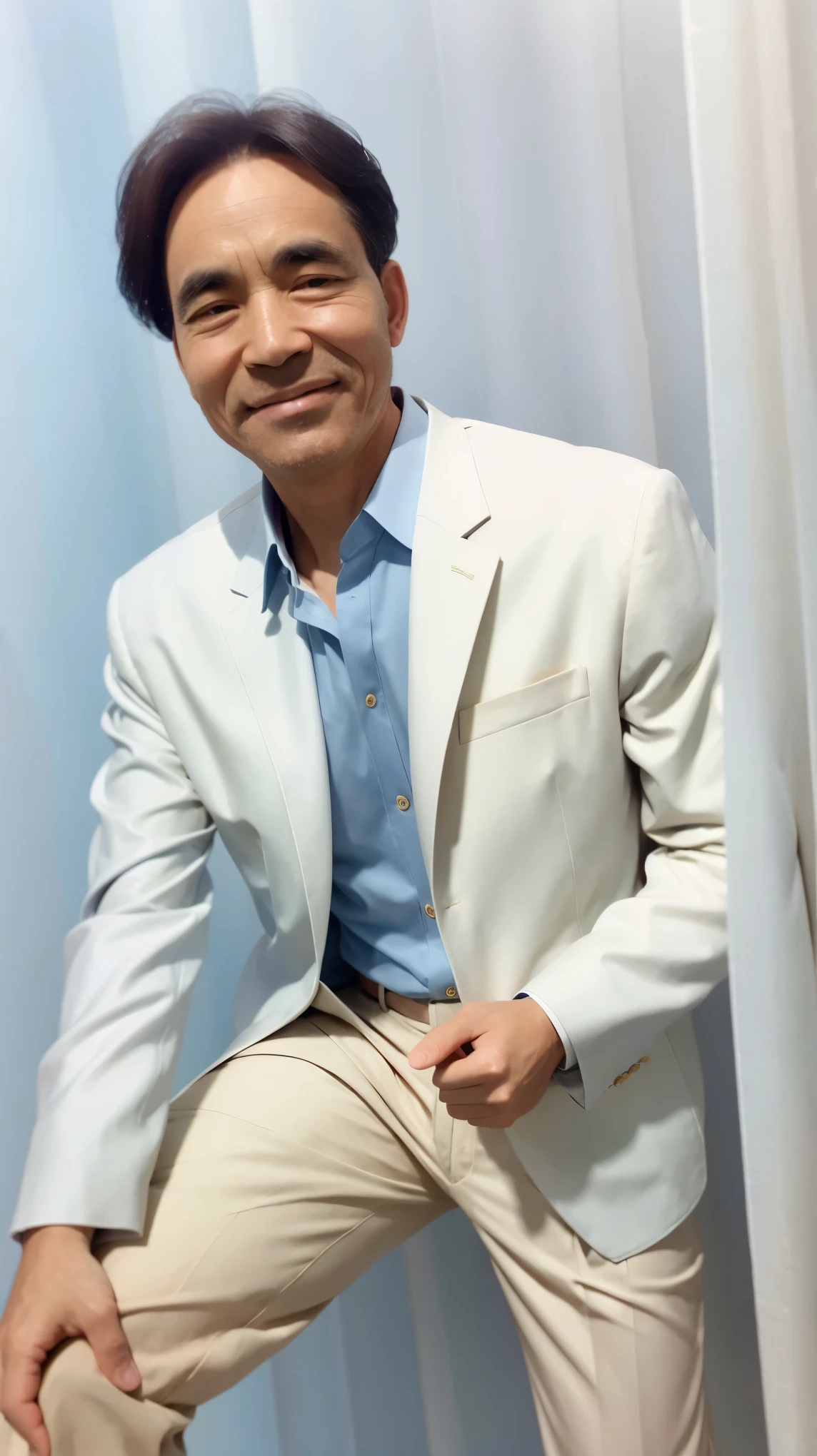 50 years old man， Soft headlights，High-density imaging，（The face is clear and delicate），((White suit))，((Light blue shirt))，((Various dynamic poses))，((Full body image))，((Smile))，((Background is white curtain))，best quality，masterpiece，（Soft colors：1.2）