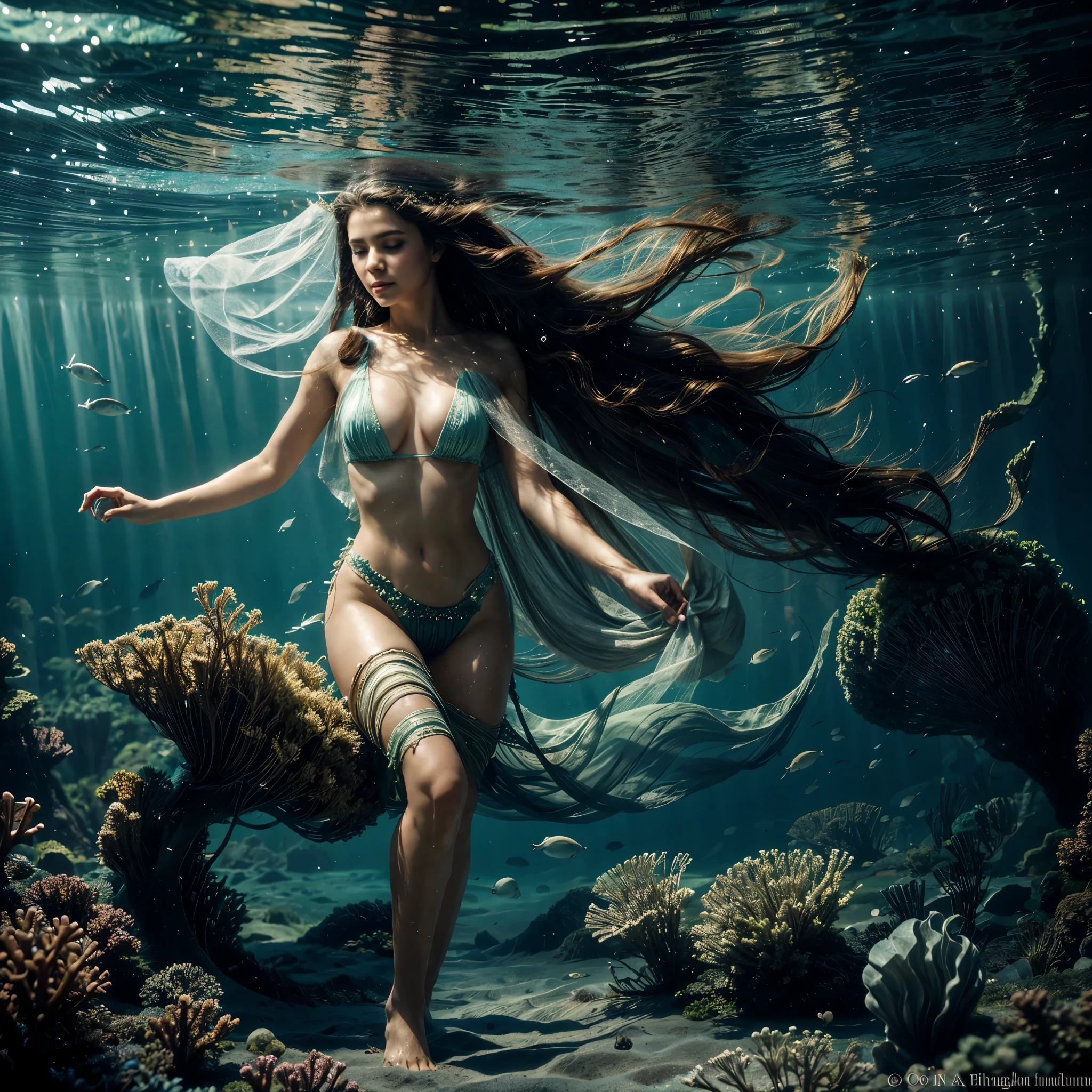 A majestic sea goddess is emerging from the ocean floor, surrounded by marine life. Light breaks through the water, creating an ethereal and mystical lighting around her. Her presence is awe-inspiring, with flowing hair and attire made of seaweed and shells, accentuating her connection to the underwater realm. A variety of fish and other marine creatures swim around her, adding to the sense of enchantment.

Details for creating a picture:

Main object:

Sea goddess with a regal and serene expression.
Flowing hair adorned with seashells, seaweed, and pearls.
Elegant attire made of seaweed, shells, and other oceanic elements.
Ambient:

Ocean floor, covered with sand and stones.
Marine flora: seaweed, kelp, and coral formations.
Marine fauna: various types of fish, jellyfish, sea turtles, and maybe dolphins.
Lighting & Atmosphere:

Scattered light penetrating through the water from above, creating soft light rays around the goddess.
Shadows and depth, giving the image realism.
Bluish and greenish shades, characteristic of the underwater environment.
Additional elements (Optional):

Ancient ruins or treasure chests in the background to add mystique.
Little air bubbles rising from the goddess and surrounding area.
Style and mood:

Realistic style with high detail.
Mystical and enchanting atmosphere.
Combination of divine and natural.
Technical specifications:

High resolution.
Realistic stylization.
Detailed elements of the goddess and the underwater world.
Effective use of light and shadow to create depth and realism.