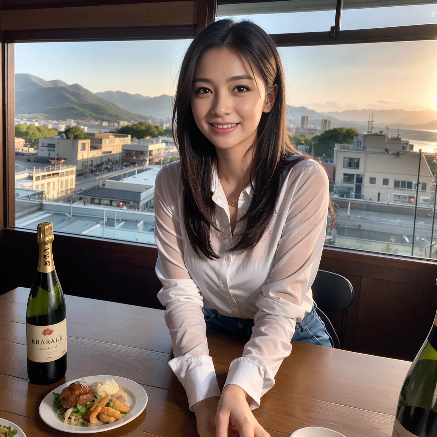 ((Highest quality、8K、masterpiece:1.3))、1 male、1 female、Couple、spouse、Couple、The body is slim、((Bob Hale、Straight hair:1.2)), (Realistic, Intricate details:1.2), テーブルの上のwine glass、Shine light on your face、 Amazing view of the sunset sky and clouds、Amazing mountain views、A bright smile、The wonderfulness of smile、Bright image、The beauty of wine, Beautiful Face, blue eyes, The light shines on your face, Blushing, short hair,Bright Face、 (Age 37), 39 years old, red wine 、Appetizers、Italian food、Wine bottle、Champagne、sparkling wine、Two beauties、Brown Hair、Shortcuts、Long sleeve shirt、dress、Beautiful woman 1, (slimな顔), (The body is slim), (Brown Hair), (Shortcuts), cheeks turn a little red,Attractive beauty、restaurant, In a prominent place (From the waist up) Nova Frog Style, actress, model, Upper Body, White wine, slim, wine glass, 中央に置かれたwine glass, smile, (smile: 1.15), Beautiful fine grain, Depth f/2,saturation, High Contrast, Strong light and shadow,Moist Body:1.5、3D texture、Delicate eyes、Brown Hair、The hair is very shiny、