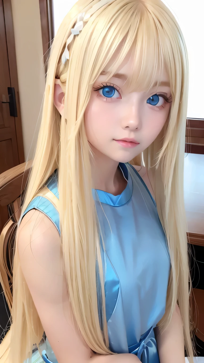 Super long blonde straight hair、Bangs on a beautiful face between the eyes、Very cute beautiful sexy young age girl、So perfect beautiful cute face、Very large, clear, beautiful, bright, light blue eyes、Very big cute eyes、Small Face Beauty、Cheek highlighter、White, bright and radiant skin、