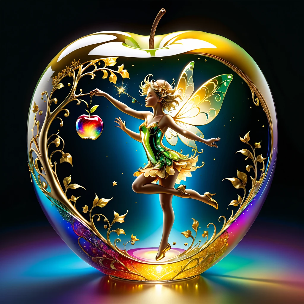 fot, photorrealistic, Ultra-realistic, intrincately detailed, wide angle, Bright vivid and bright color outlines of fine fractal of a glass apple with a ("a shiny golden flying fairy uses her wand to turn a tree into solid gold.") por dentro, surreal, Gradient, windy, petals floating in the wind, swirling ribbons of paint and light. Left, areia1. --v6 --s1000 --c20 --q5 --chaos100