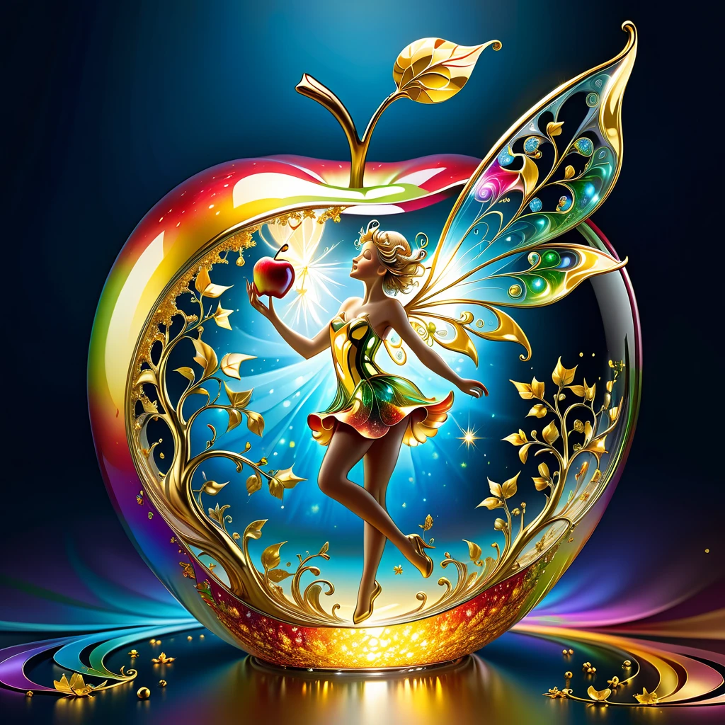 fot, photorrealistic, Ultra-realistic, intrincately detailed, wide angle, Bright vivid and bright color outlines of fine fractal of a glass apple with a ("a shiny golden flying fairy uses her wand to turn a tree into solid gold.") por dentro, surreal, Gradient, windy, petals floating in the wind, swirling ribbons of paint and light. Left, areia1. --v6 --s1000 --c20 --q5 --chaos100