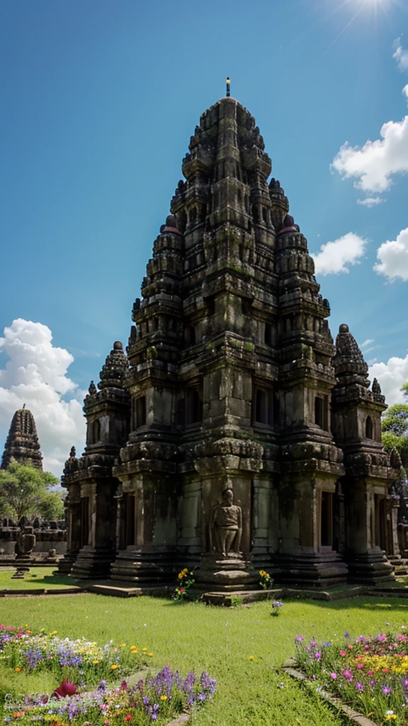 Photograph Prambanan Temple from a low angle, with a field of blooming flowers in the surrounding garden, adding vibrant colors to the scene