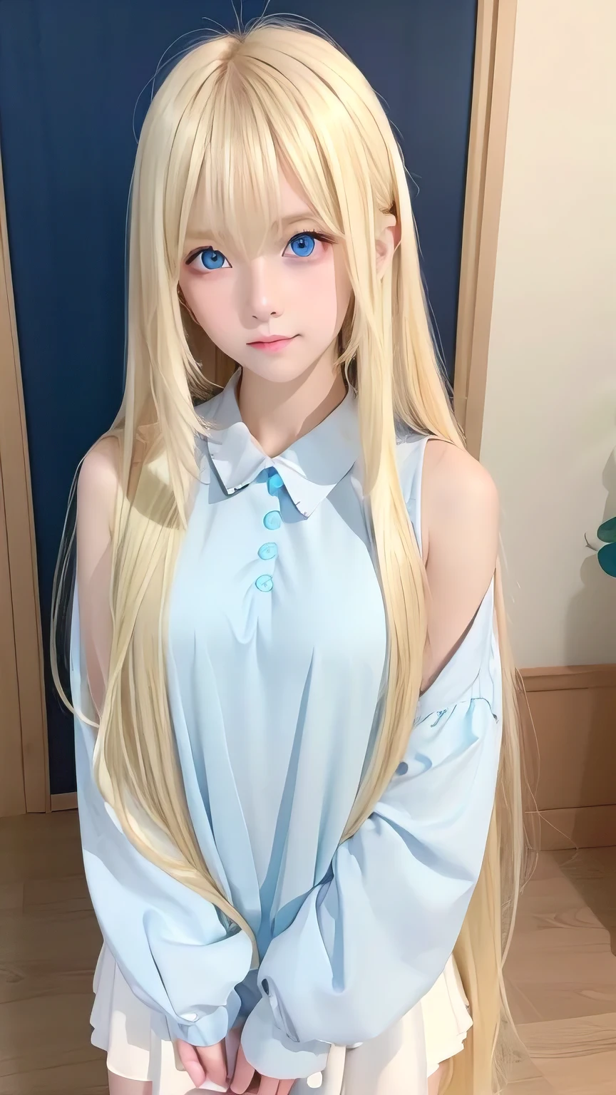 Super long blonde straight hair、Bangs on a beautiful face between the eyes、Very cute beautiful sexy young teenage girl、So perfect beautiful cute face、Very large, clear, beautiful, bright, light blue eyes、Very big cute eyes、Small Face Beauty、Cheek highlighter、White, bright and radiant skin、