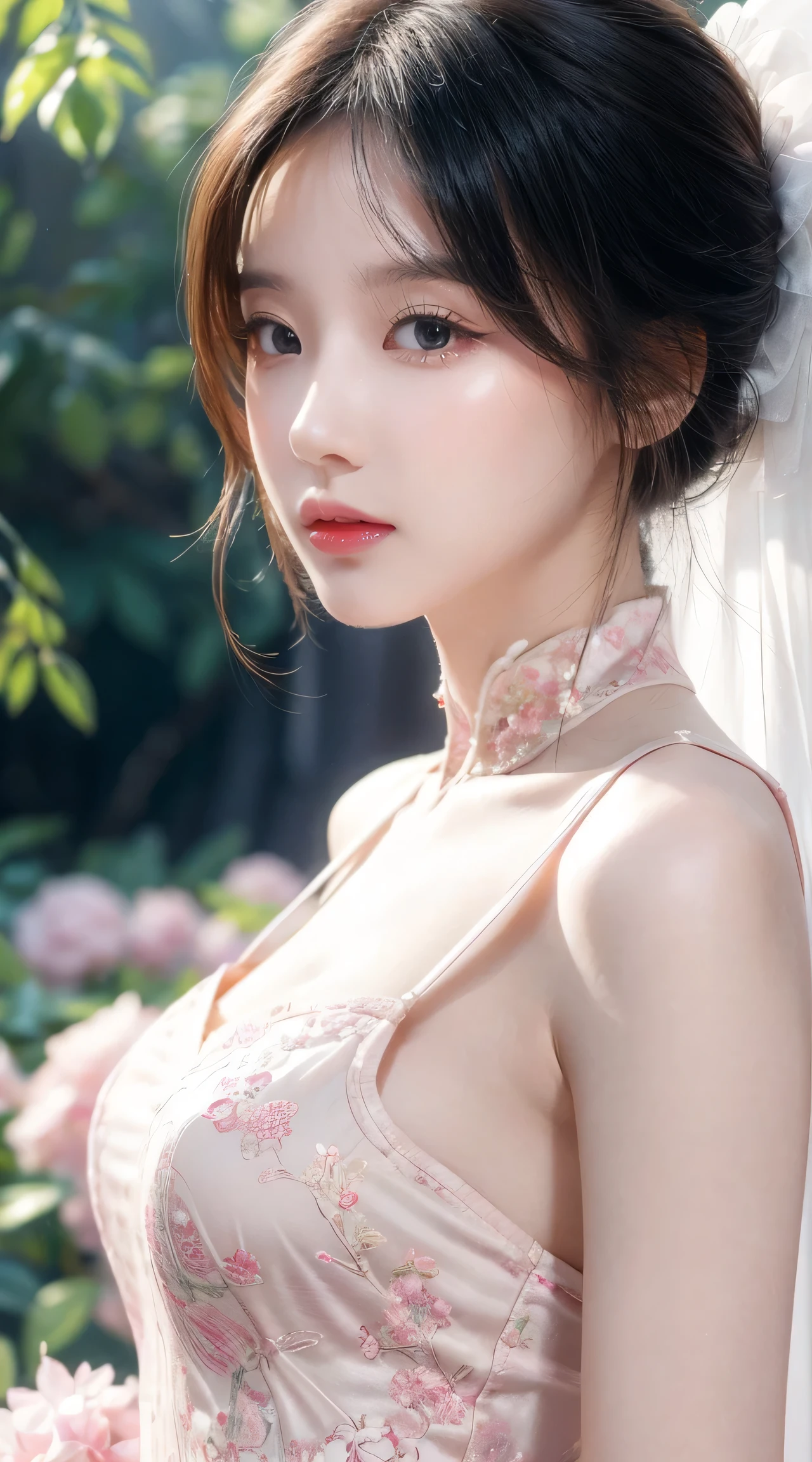 (masterpiece), best quality, high resolution, Super detailed, character close up, A beautiful white dress in Chinese style, Chinese elegant dress, Fine details, Cheongsam is beautiful and elegant, Colorful, Clothes floating, dramaticangle, Close to nature (close up), Require, warm color,Like sunshine,focus,Personal warmth, Champagne, The details stand out, Extra long ribbon, Open it, whole body, Many details, Pink petals, Sunlight on the skin, splendor, hairpin, Hydrangea, boudoir.