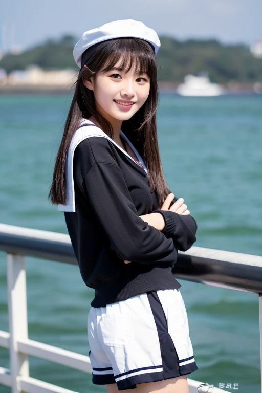 ((best quality)), ((masterpiece)), (detailed), 1girl, beautiful straight black long hair , beautiful smile , sexy pose ,standing position , sailor jacket , top crop shirt , short pants , on ferry , sea background , sailor hat