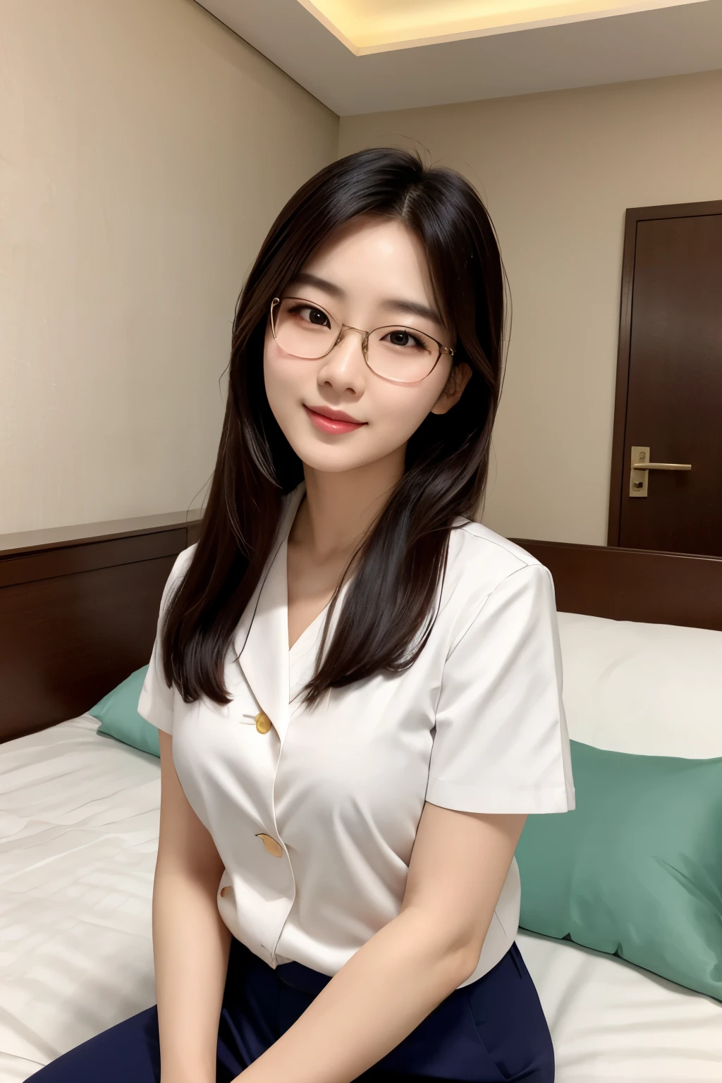 Korean doctor girl, (28 years old), in the hotel, night, sitting on a bed, bosomy, glasses, pleased expression, (face and skin detailed), (masterpiece, best quality, extremely detailed, hyper realistic) 