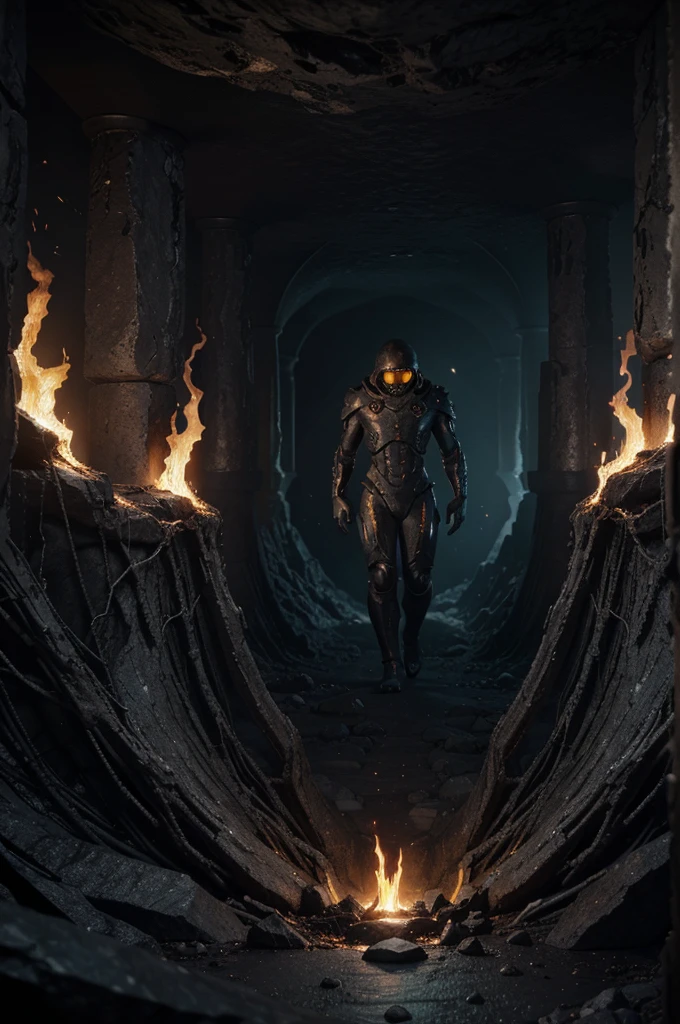 A huge deep abyss made of black stone, incandescent magma, phosphorescent radioactive mineral, it ends in the bottom with a living organic obscurity, abysssanctum, procreation of the wicked, synthetic grotesque,highly detailed, 4k resolution, masterpiece, 3d modelling,digital art