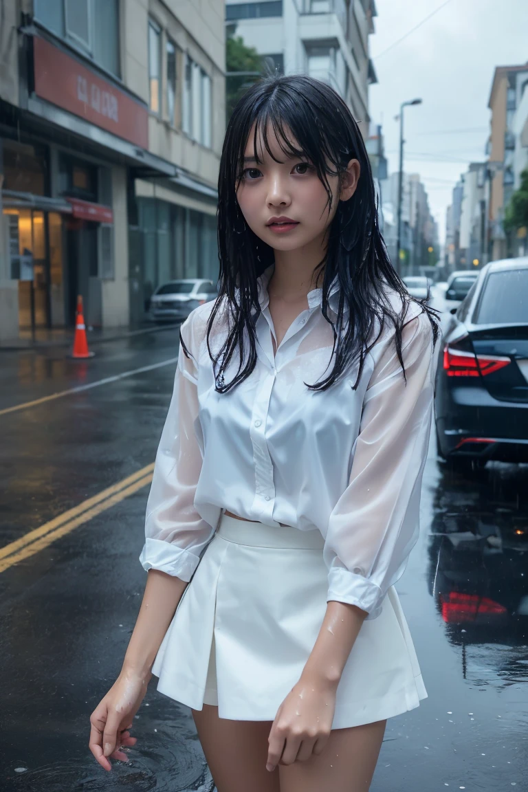 ((Best Quality, 8K, Masterpiece: 1.3)), Sharp: 1.2, Perfect Body Beauty: 1.4, Slim Abs: 1.2, ((Layered Hairstyle, Breasts: 1.2)), (Wet White Button Long Shirt: 1.1), Wind, (Rain, Street: 1.2), Wet: 1.5, Highly Detailed Face and Skin Texture, Fine Eyes, Double Eyelids, Looking Back at the Camera
