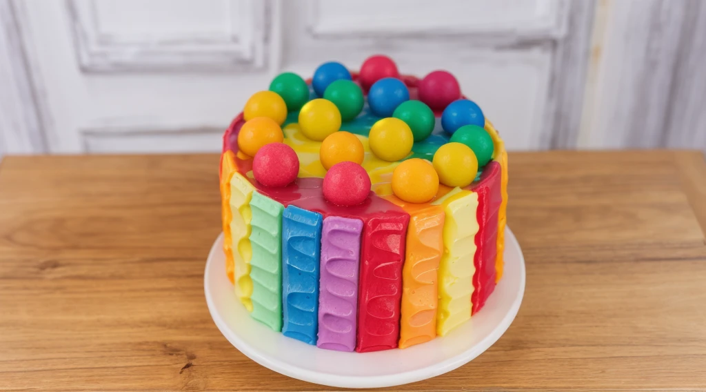 on a wooden table, on a white porcelain plate, a tiny cake, the walls of the cake are made of multi-colored chocolate bars, on top are multi-colored cream stripes, multi-colored candies in the form of balls bright lights, soft light, window light, professional lighting, light from the window, neat light, realistic texture, realistic style, detailed texture, high quality, high resolution, high quality rendering, realistic photo, brightning light, macro photo
