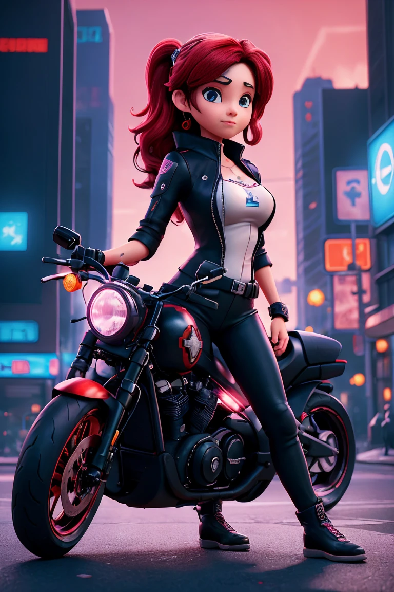 Imagine um vibrante, futuristic scene where a woman in cyberpunk style is riding a Harley Davidson motorcycle. The scene is rendered in 2D at 8K resolution, offering stunning image quality and fine details. The view is from a distant perspective, giving an overview of the scene. The woman displays a distinctive seal, perhaps an emblem of a renowned group or a mark of your own rebellion. The main color that permeates the illustration is a bright saturated red., standing out against the darkness, urban scenery full of neon. The image is detailed with a lot of contrast, highlighting the textures and reflections of the woman&#39;s bicycle and costume, creating a work of art that captures the essence of the cyberpunk movement.”Hope this helps in creating your image!