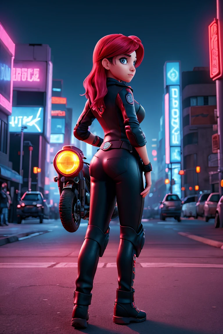 Imagine um vibrante, futuristic scene where a woman in cyberpunk style is riding a Harley Davidson motorcycle. The scene is rendered in 2D at 8K resolution, offering stunning image quality and fine details. The view is from a distant perspective, giving an overview of the scene. The woman displays a distinctive seal, perhaps an emblem of a renowned group or a mark of your own rebellion. The main color that permeates the illustration is a bright saturated red., standing out against the darkness, urban scenery full of neon. The image is detailed with a lot of contrast, highlighting the textures and reflections of the woman&#39;s bicycle and costume, creating a work of art that captures the essence of the cyberpunk movement.”Hope this helps in creating your image!