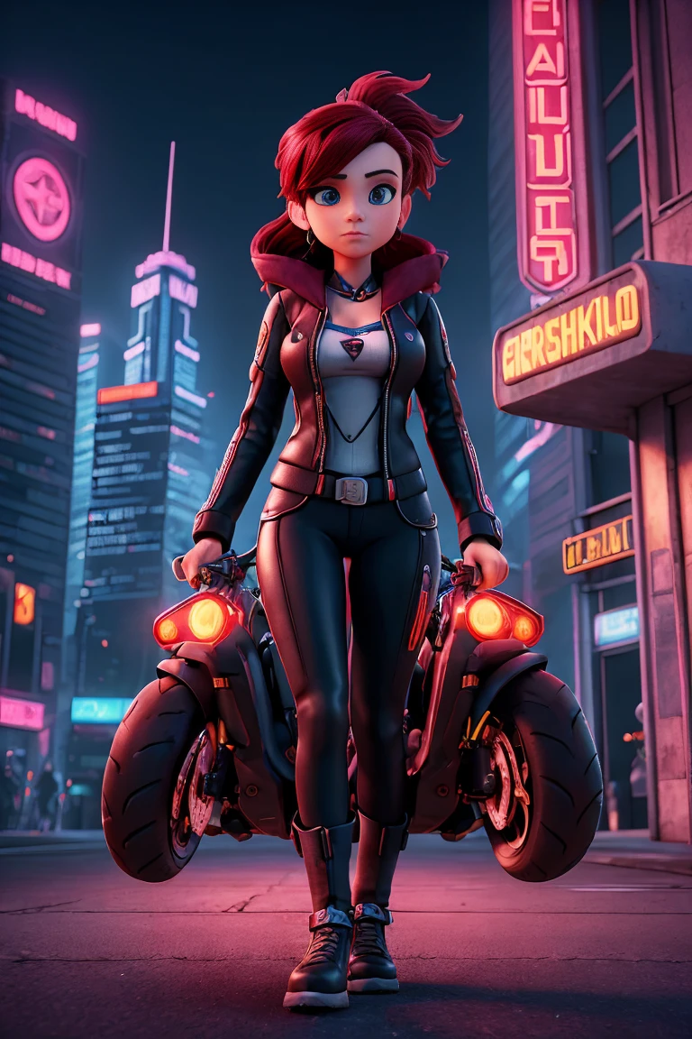Imagine um vibrante, futuristic scene where a woman in cyberpunk style is riding a Harley Davidson motorcycle. The scene is rendered in 2D at 8K resolution, offering stunning image quality and fine details. The view is from a distant perspective, giving an overview of the scene. The woman displays a distinctive seal, perhaps an emblem of a renowned group or a mark of your own rebellion. The main color that permeates the illustration is a bright saturated red., standing out against the darkness, urban scenery full of neon. The image is detailed with a lot of contrast, highlighting the textures and reflections of the woman's bicycle and costume, creating a work of art that captures the essence of the cyberpunk movement.”Hope this helps in creating your image!