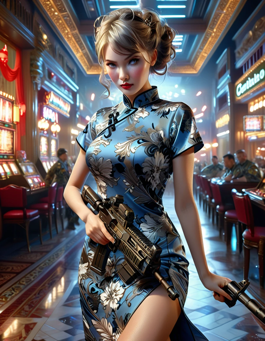 A young and extremely beautiful woman_cyborg, retro hairstyle, retro makeup, grinning face, ideal proportions, large breasts, ((Night camo_tight_China dress:1.9)), (rapid firing of assault rifle:1.7), (motion blur effect:1.5), (casino interior is in chaos, frenzy and destruction:1.4), (highest quality, 4k, 8k, high resolution, masterpiece:1.2), ultra-detailed, (realistic, photorealistic, photorealistic:1.37), detailed facial features, intricate dress pattern, striking pose, dramatic lighting, cinematic composition, vibrant colors, dystopian atmosphere, oil painting,