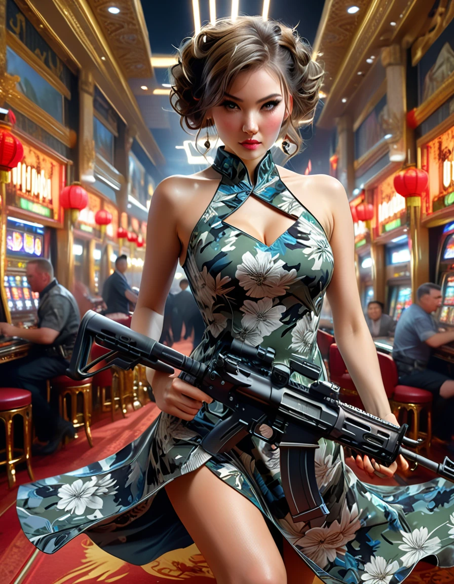 A young and extremely beautiful woman_cyborg, retro hairstyle, retro makeup, grinning face, ideal proportions, large breasts, ((Night camo_tight_China dress:1.9)), (rapid firing of assault rifle:1.7), (motion blur effect:1.5), (casino interior is in chaos, frenzy and destruction:1.4), (highest quality, 4k, 8k, high resolution, masterpiece:1.2), ultra-detailed, (realistic, photorealistic, photorealistic:1.37), detailed facial features, intricate dress pattern, striking pose, dramatic lighting, cinematic composition, vibrant colors, dystopian atmosphere, oil painting,