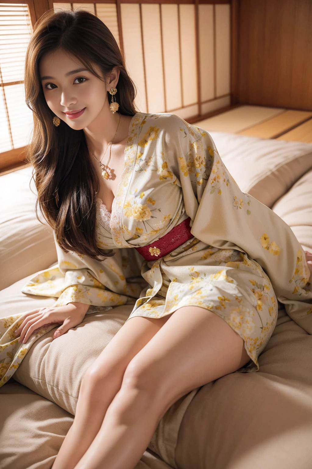 high quality,8K, Detailed facial depiction, Detailed description of the eyes,One Woman, Light brown hair(Medium-long hair),Beautiful Japanese Girl,24-years-old,Cute eyes,Cute Smile,Yukata beauty,The yellow floral yukata is open and very sexy.,The front of the yukata is open, revealing a sexy bra,Floral lace underwear,String panties,Slender body, Large, plump breast size, Long and beautiful legs,Smiling, Colorful earrings,necklace,Are standing,Beautiful nape,Japan tatami room,Feminine gestures,Dry landscape garden,wind chimes,A bedroom with futons,Lying on a futon