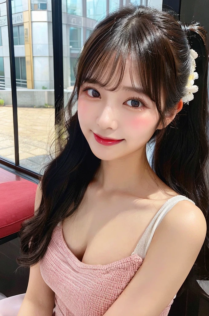 最high quality,Very detailed,finely,High resolution,8K壁紙,Perfect dynamic composition,Young Japanese Woman,Age 25, Black Hair, thin, 4K, 8K, high quality, beauty, smile, White teeth,Beautiful Eyes, Characterized by simplicity, High resolution,1 person,Japanese Idols,Large Breasts,ponytail,Landmine Makeup,Red cheeks,whole body,Cafe,,Afternoon tea,Pop and cute colors,Korean Makeup