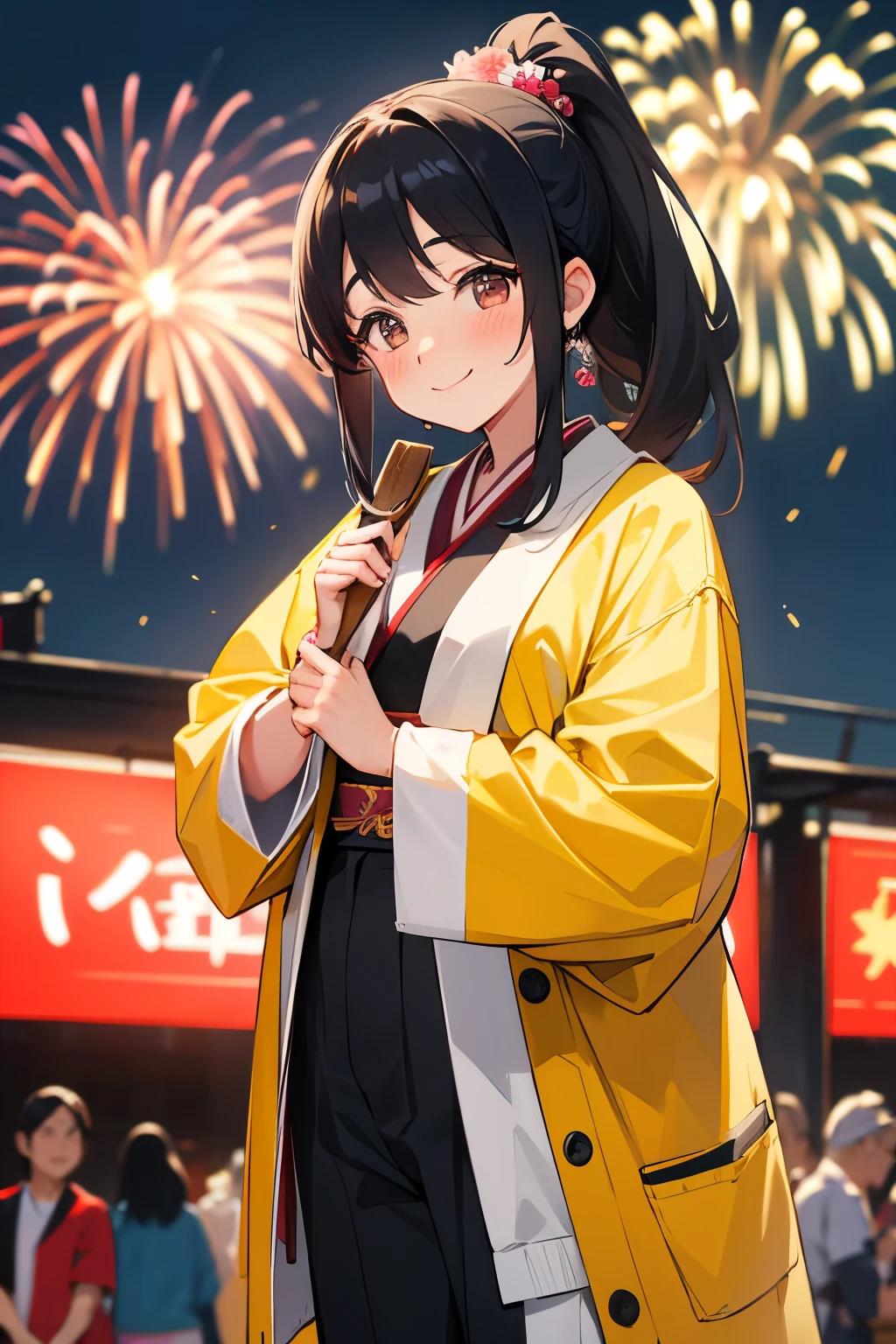 young woman, wearing happi coat\(workman's livery coat\), black hair, ponytail, embarrassing, (embarrassed smile), blush, open stance, Japanese summer festivals, food stalls, fireworks, in front of crowd, cowboy shot, masterpiece, super detail, best quality, bokeh
