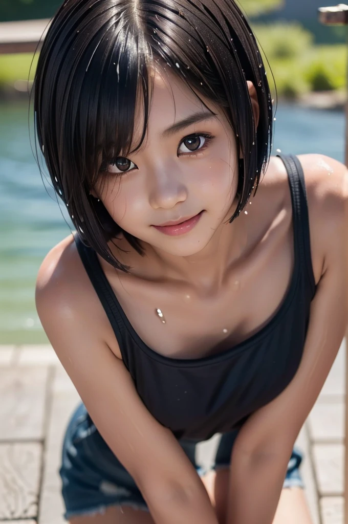 1girl, solo, (smile:1.25), cute japanese girl, (loli), break,
straight hair, (short hair:1.75), (hair over one eye:1.5), (flat chest:1.1), break,
(dark skin:1.35), (sweaty skin:1.2), break,
wet, (wet clothes:1.2), navy tank top only, break, 
(face close up:1.75), (from above:1.5), (leaning forward:1.5), (hands on knees:1.35), break,
Height, Low Height, lens: 135mm f1.8, break, 
(highest quality), (RAW Photos), (8k, RAW photo, best quality, masterpiece:1.2), (realistic, photo-realistic:1.4), (extremely detailed 8k wallpaper), highest quality, masterpiece, High resolution,
in the lake,
