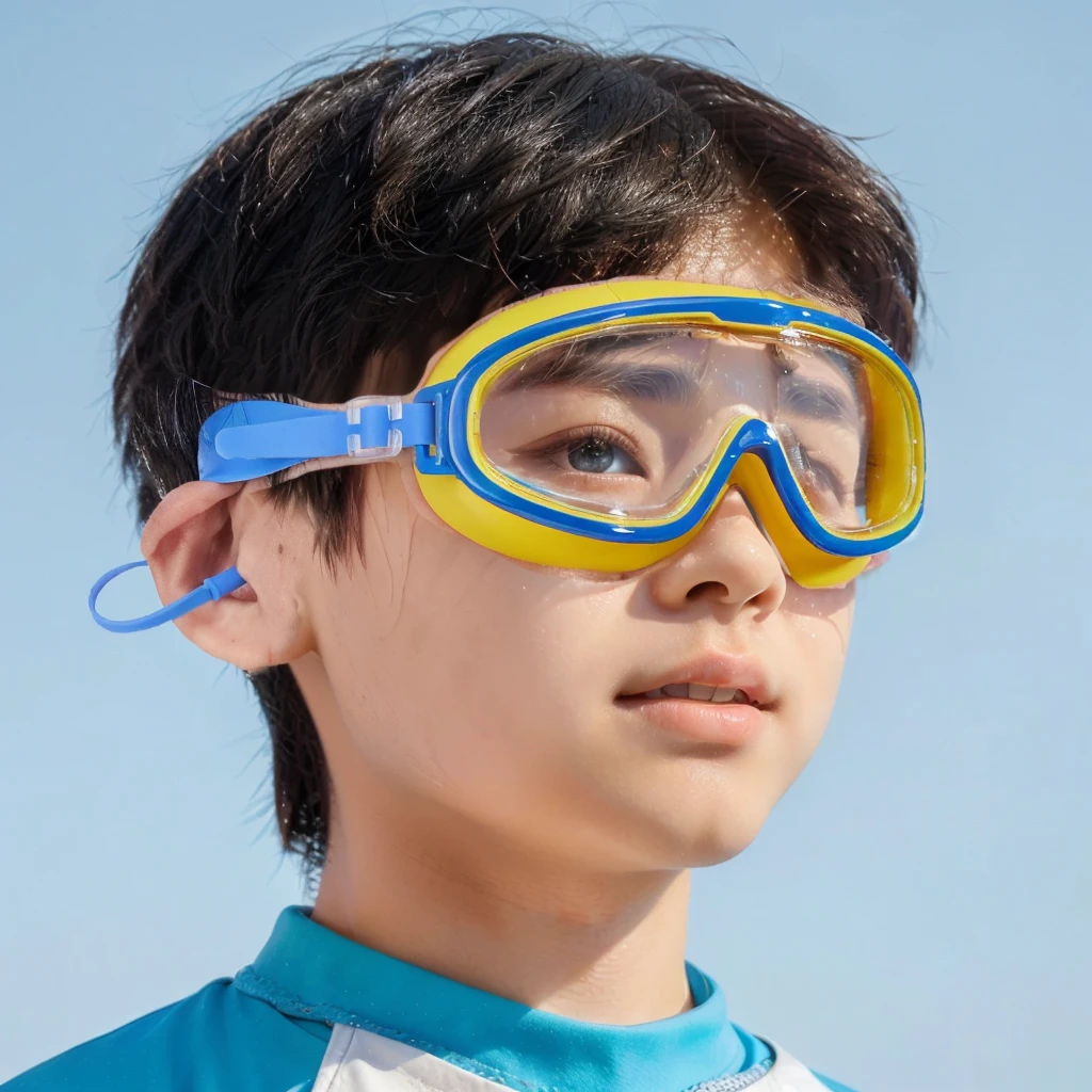 there is a young boy wearing goggles and a blue shirt, goggles on forehead, wearing goggles, goggles, goggles around his neck, Scuba mask, cai xukun, Low angle shot, Low angle shot, child, 2020 fashion, Wear sailing glasses, glossy blue goggles, round goggles, li zixin, zoomed shoot, Clear quality