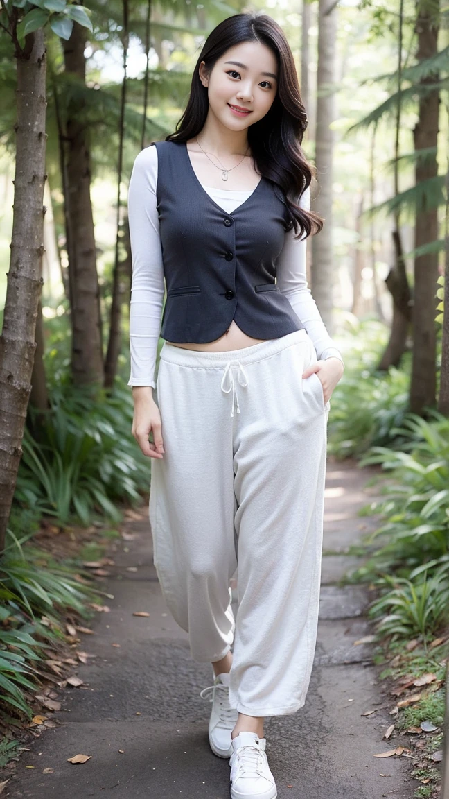 masterpiece, best quality, Surreal, Ultra Detailed, 8k resolution, RAW photos, Clear focus,Beautiful Korean woman, 36 inch chest size, Smile, Wearing a patterned vest, necklace,Long sweatpants,Full body posture, White shoes,Solitary, Perfect body, Become a,(a charming smile:1), (sexy pose),(A girl in the forest),