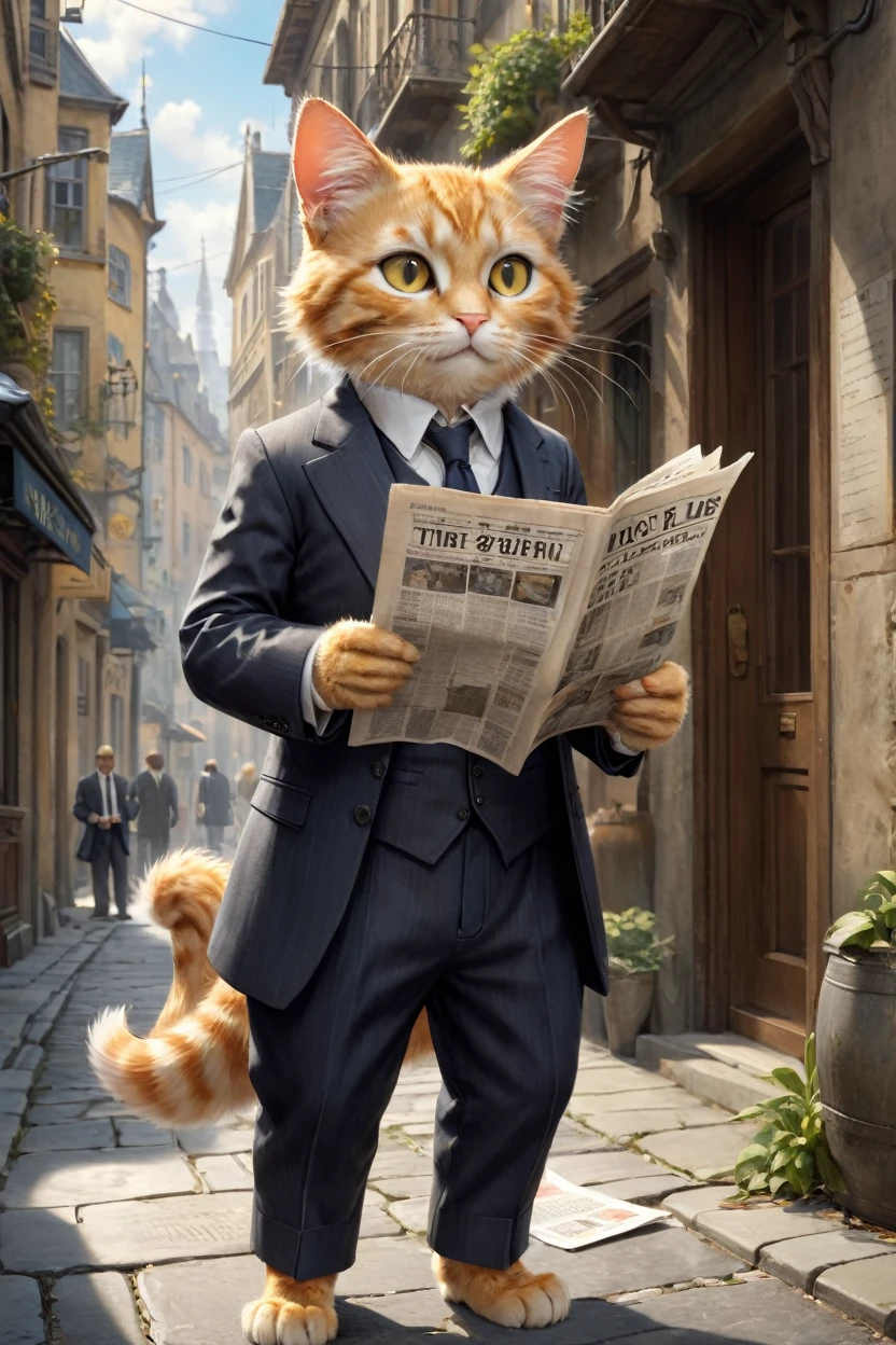 small, かわいいbornき物, Wearing a suit,Wearing suit pants, whole body, , Are standing, Costumes, Reading the Newspaper Fantasy Art, Exquisite detail, Jean-Baptiste Monge Style, Building district、Alan Lee Style, Anthropomorphic yellow-eyed tabby furry cat, Movie Scenes, Dramatic shot angles, , Realistic, born々Amazing cinematic photorealism, Action Portrait, 8K, detailed, Full Frame