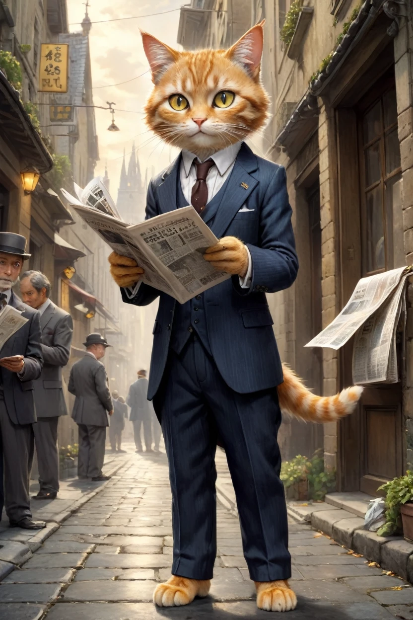  small, かわいいbornき物, Wearing a suit,Wearing suit pants, whole body, , Are standing, Costumes, Reading the Newspaper Fantasy Art, Exquisite detail, Jean-Baptiste Monge Style, Building district、Alan Lee Style, Anthropomorphic yellow-eyed tabby furry cat, Movie Scenes, Dramatic shot angles, , Realistic, born々Amazing cinematic photorealism, Action Portrait, 8K, detailed, Full Frame