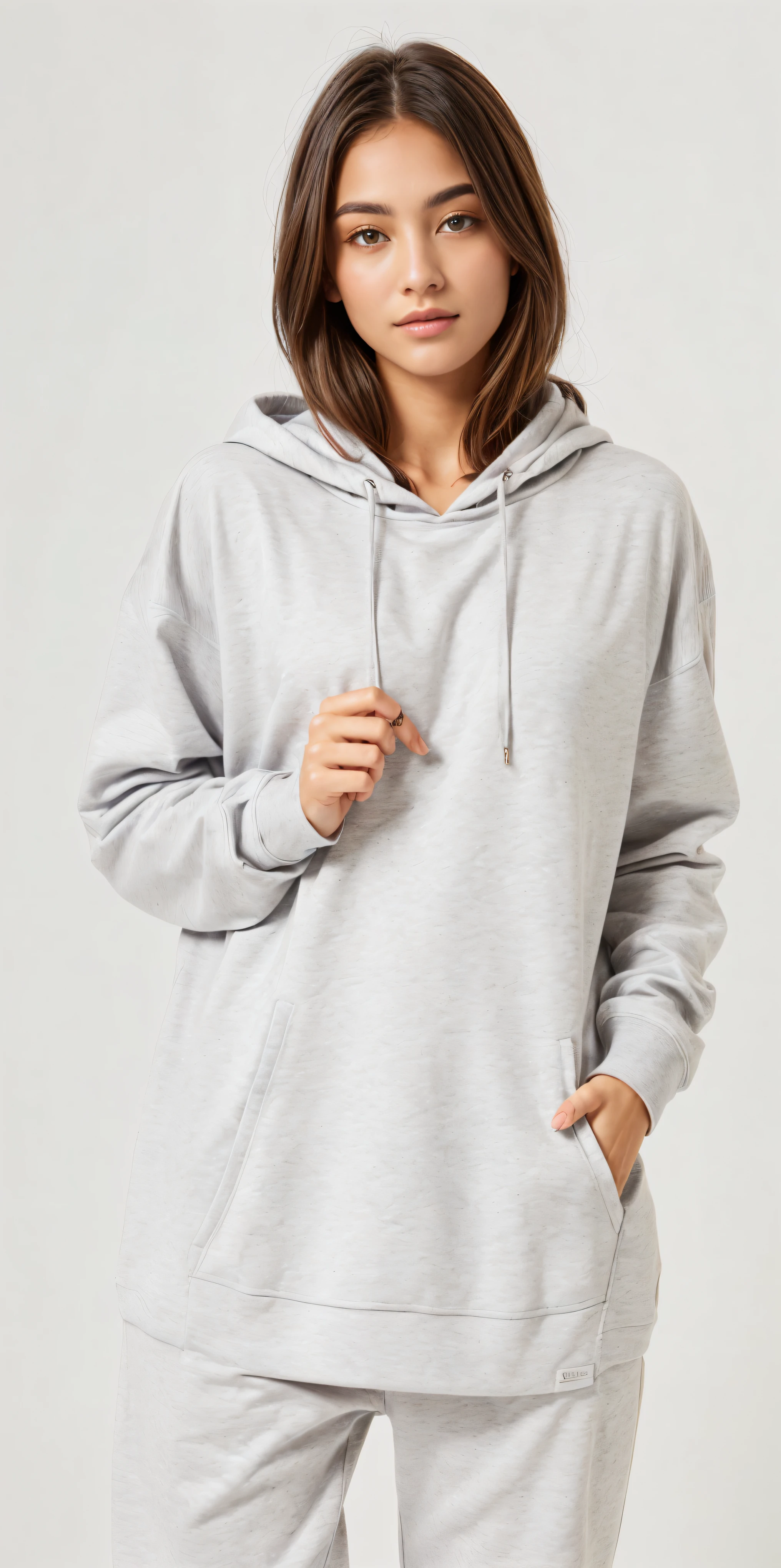 a woman in a grey capuz and sweatpants stands in front of a white background, grey capuz, wearing capuz, gray capuz, oversized capuz, capuz, vestindo um moletom cinza com capuz, wearing a capuz, wearing an oversized capuz, light grey capuz opened, vestindo moletom, Hodie Mihi Cras Tibi, grey capuz opened, in a capuz