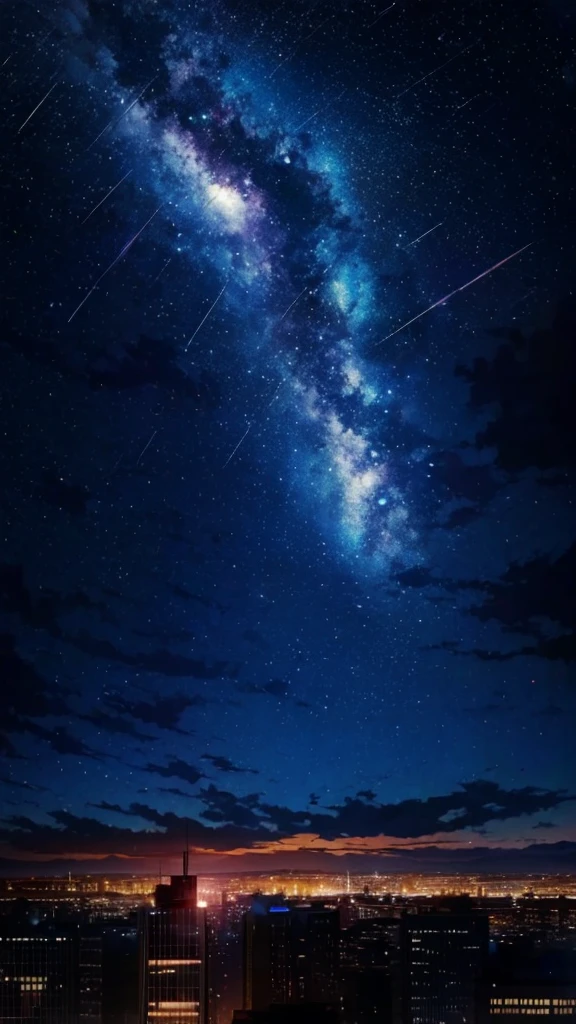 anime painting inspired by Makoto Shinkai, space art, sideways Norwegian forest cat sitting on the roof of a building looking at the sky, mysterious, fantastic, meteor shower, intricate lights, twinkling city lights,unmanned