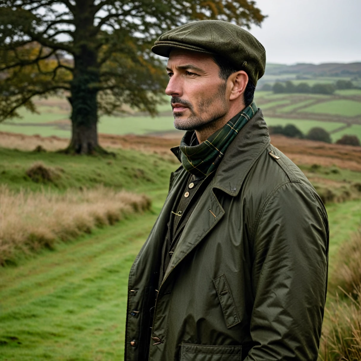 photorealistic, cinematic, raw photo, low angle shot, man, mature, black hair, short side part hairstyle, clean shaven, tall, thin, scar on cheek, wearing olive green barbour wax cotton jacket, tartan chek wool scarf, dark brown corduroty trousers, dark brown tweed flat cap, stand near english countryside manshion , autumn, rainy