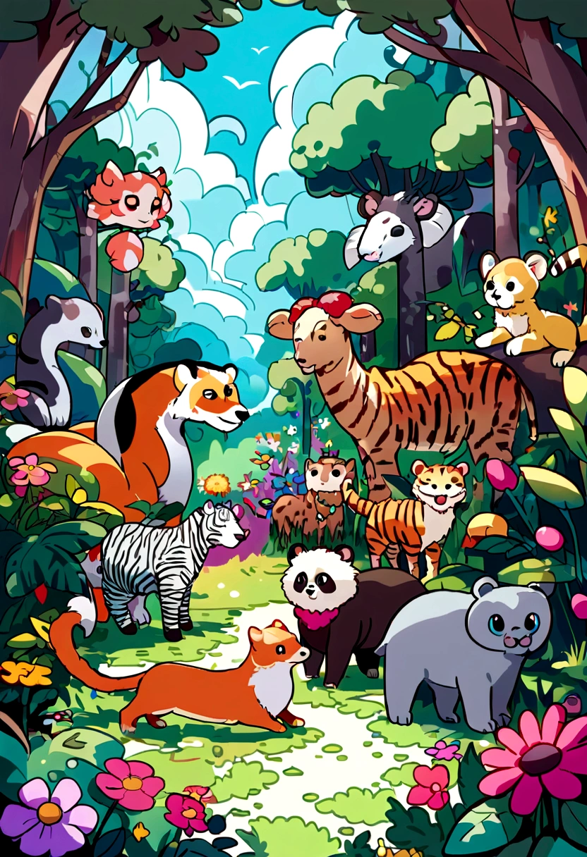 Zoo animals,Cartoon style for kids、8K,High definition、Pop art、(color々A collection of animals)、Animal Forest、Colorful flowers、jungle、Plants