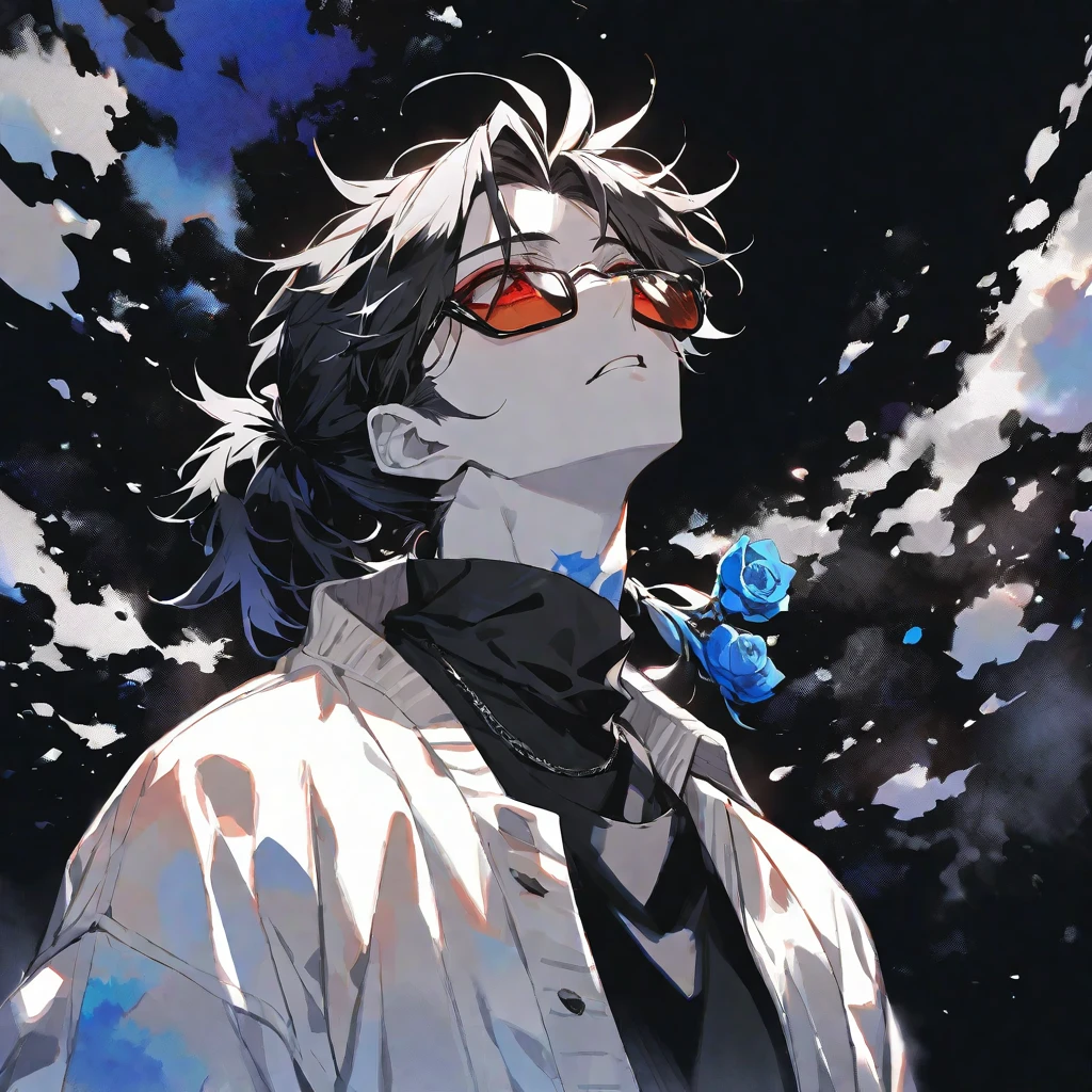 Solo,handsome, monochrome,watercolor,1 male, Ponytail, Braided black hair, red eyes, Gojo Satoru,casual,Blue Rose Tattoo,black Oversized 服,casual,Stylish,cool,Wear sunglasses around your neck,Void,look up,
blackbackground,İcon,Despise face up