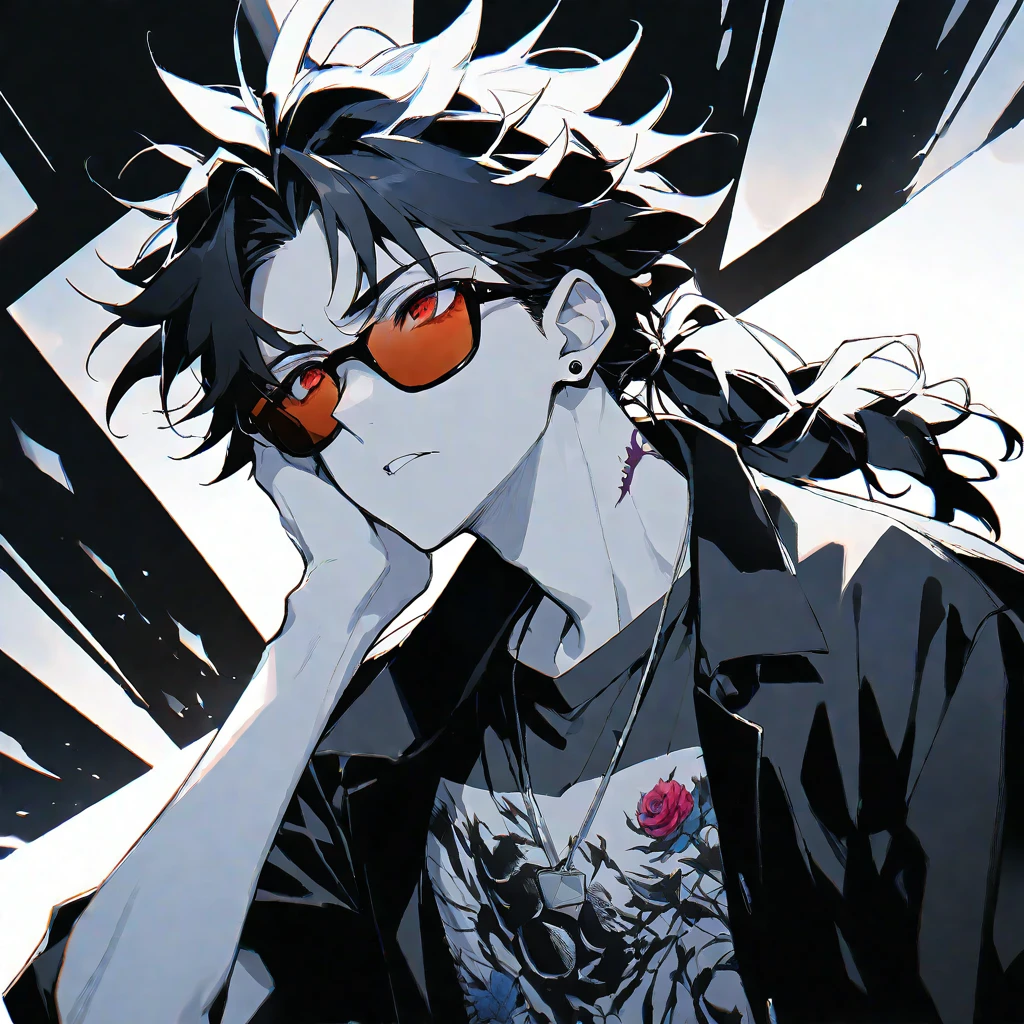 Solo,handsome, monochrome,watercolor,1 male, Ponytail, Braided black hair, red eyes, Gojo Satoru,casual,Blue Rose Tattoo,black Oversized 服,casual,Stylish,cool,Wear sunglasses around your neck,Void,look up,
blackbackground,İcon,Despise face up