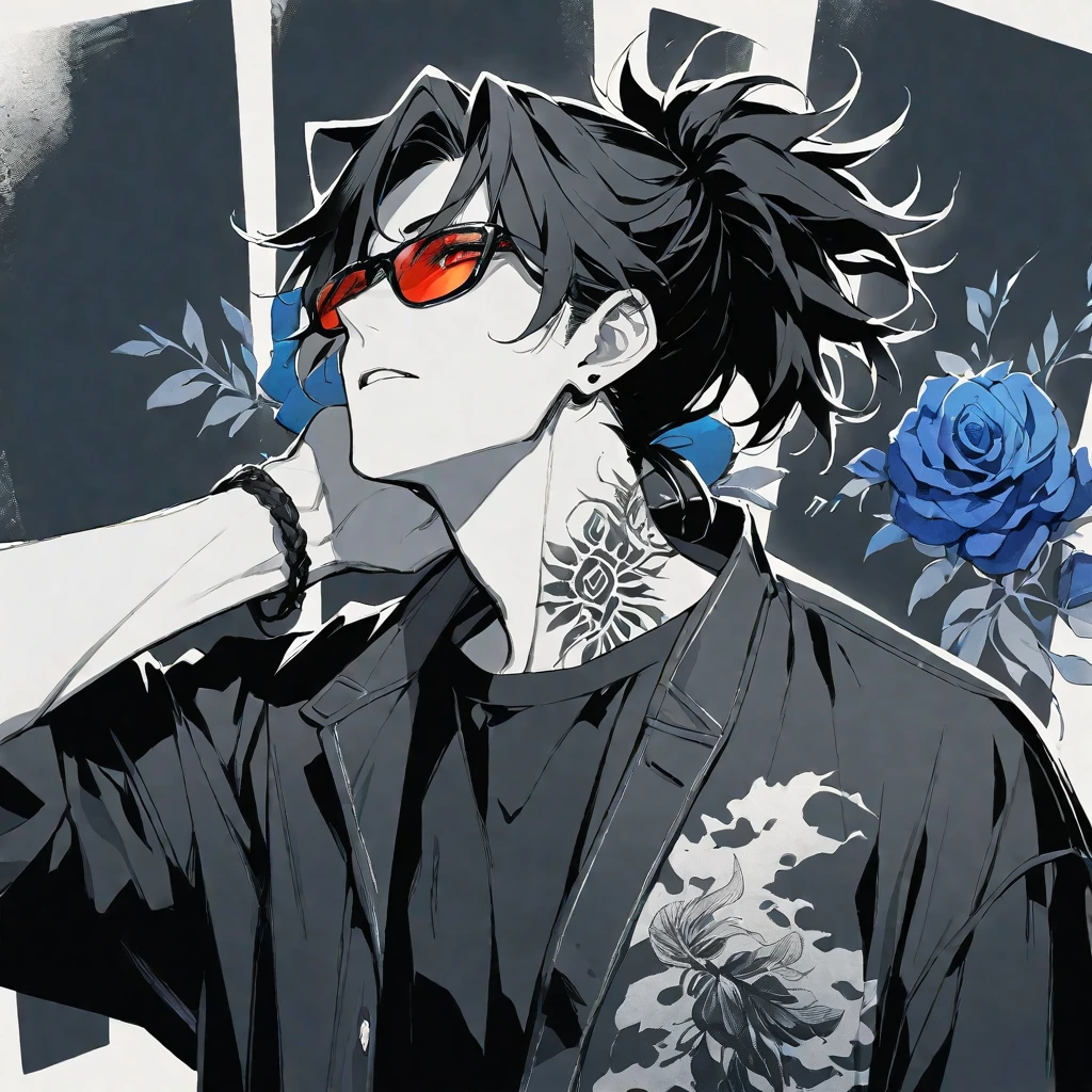 Solo,handsome, monochrome,watercolor,1 male, Ponytail, Braided black hair, red eyes, Gojo Satoru,casual,Blue Rose Tattoo,black Oversized 服,casual,Stylish,cool,Wear sunglasses around your neck,Void,look up,
blackbackground,İcon,Despise face up