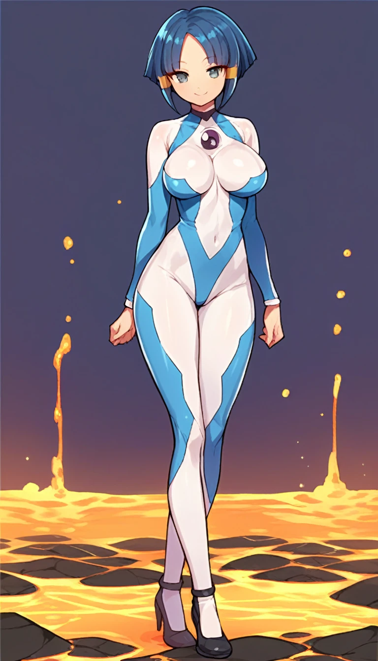 best quality,ultra detailed,solo,score_9, score_8_up, score_7_up, score_6_up, score_5_up, score_4_up, source_anime, 1girl, clara, blue hair, hair tubes, grey eyes, bodysuit,big breasts, standing sexy pose, (front view,portrait),full body, standing on lava,heavenly ass, heavenly breasts, big ass, no shoes, wearing heels, smile, cute, face, long legs, tight bodysuit, tight sleeves, white bodysuit, half-closed eyes