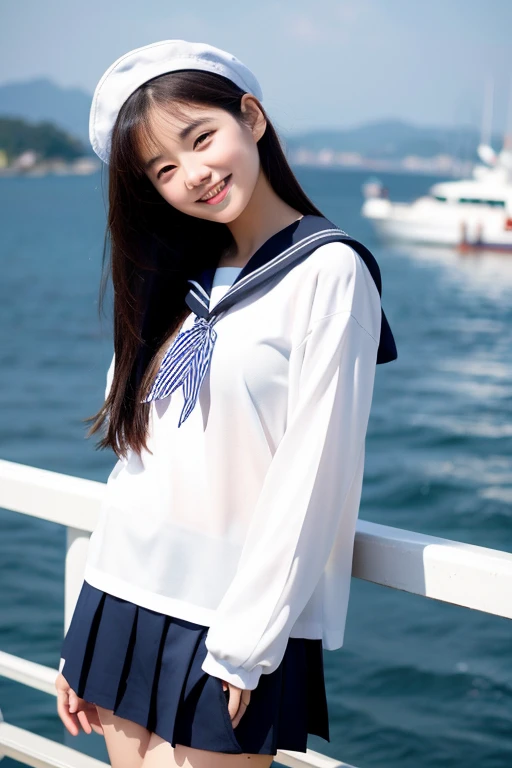 ((best quality)), ((masterpiece)), (detailed), 1girl, beautiful straight black long hair , beautiful smile , sexy pose ,standing position , white sailor jacket , top crop shirt , short pants , on ferry , sea background , sailor hat