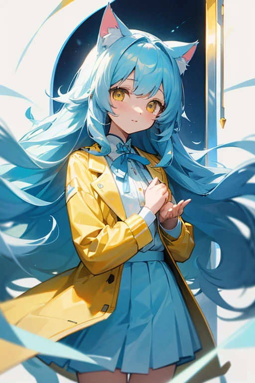 Light blue, slightly long curly hair、Cat ear、Yellow Eyes、White blouse、Yellow jacket、Light blue skirt、Light blue ribbon on chest、Girl、cute