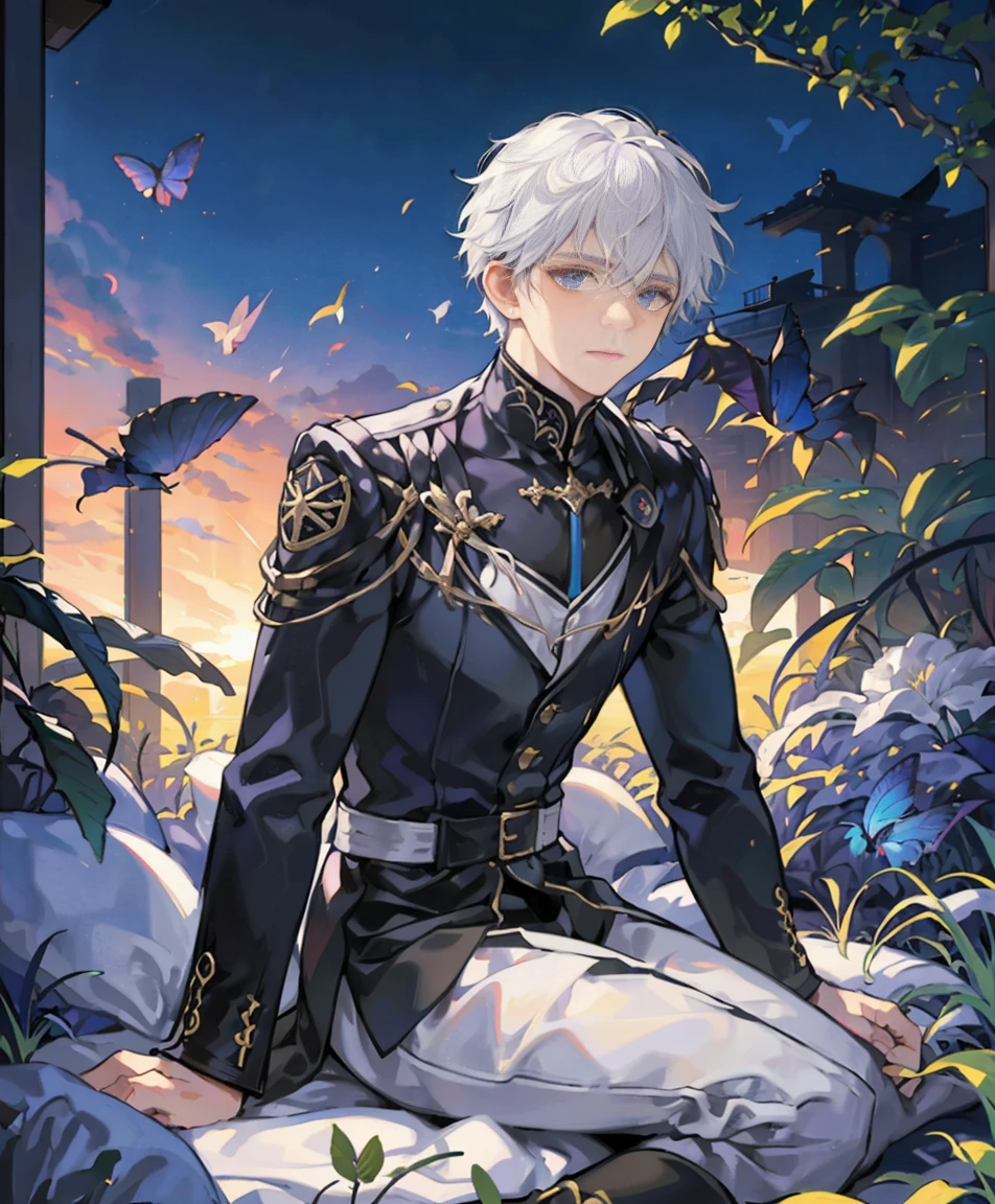 dynamic angle, splash art, high definition, full body, guy with white hair, sitting, surrounded by butterflies in a garden, soft boy, short hair, sunset lighting, dramatic lighting, looking at camera, young boy, light on face, camera angled slightly from above, sad expression, wearing clothing like elden ring miquella