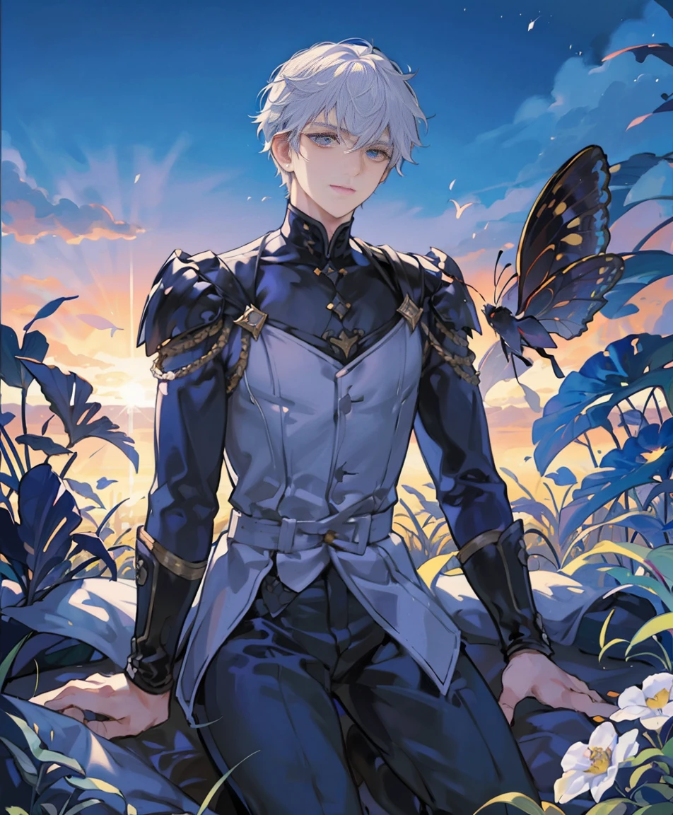 dynamic angle, splash art, high definition, full body, guy with white hair, sitting, surrounded by butterflies in a garden, soft boy, short hair, sunset lighting, dramatic lighting, looking at camera, young boy, light on face, camera angled slightly from above, sad expression, wearing clothing like elden ring miquella