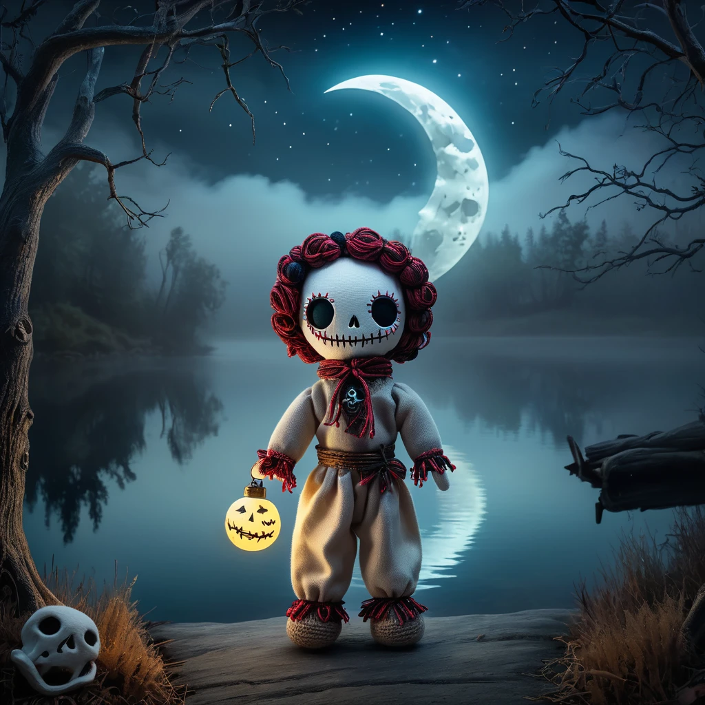 (knitted toy voodoo doll:1.2), (Voodoo Moon Ghost:1.3), (Clothes Transparent fabrics, moon wreath, glowing eyes:1.0), (against the background Gloomy lake shore, moonlit path on the water, trees surrounded by fog:1.3), best quality, masterpiece, detailed soft oil painting, detailed background, dramatic cinematic lighting, soft edge lighting, professional, dramatic lighting, hard edge lighting, ultra quality, 4k, masterpiece, best quality, 8k, ultra high definition, high definition, extremely detailed
