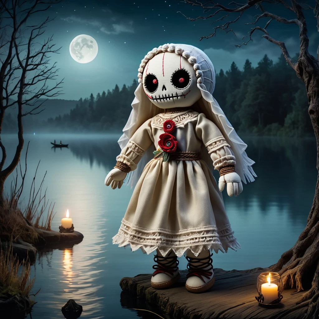 (knitted toy voodoo doll:1.2), (Voodoo Moon Ghost:1.3), (Clothes Transparent fabrics, moon wreath, glowing eyes:1.0), (against the background Gloomy lake shore, moonlit path on the water, trees surrounded by fog:1.3), best quality, masterpiece, detailed soft oil painting, detailed background, dramatic cinematic lighting, soft edge lighting, professional, dramatic lighting, hard edge lighting, ultra quality, 4k, masterpiece, best quality, 8k, ultra high definition, high definition, extremely detailed