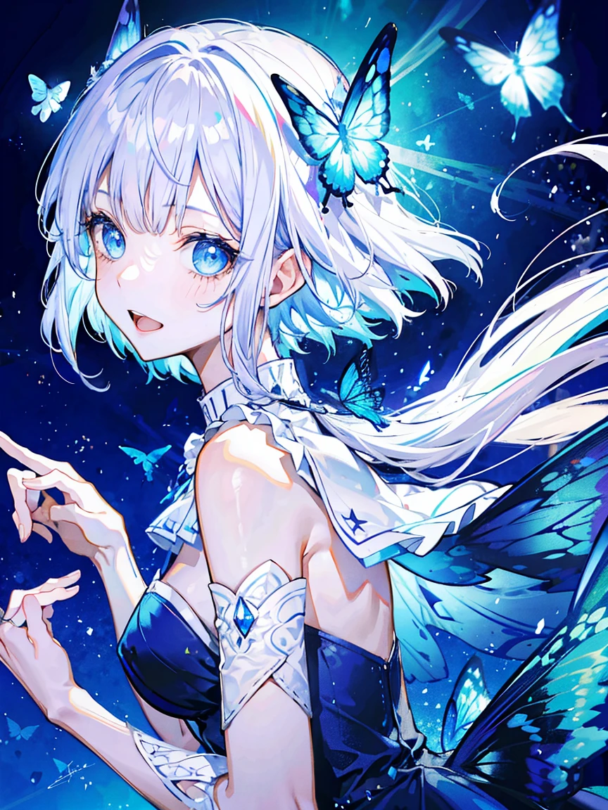 1 girl, blue eyes, Shift Dress, Blue Dress, White hair,Blue butterflies fly,Laugh happily、 return, Light Particles, Please open your mouth, in the room, gem, sleeveless, Bare shoulders, By Bangs,Beautiful and delicate eyes, Detailed background,