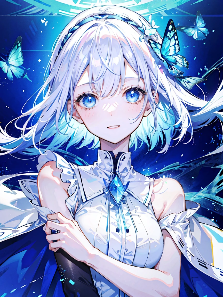 1 girl, blue eyes, Shift Dress, Blue Dress, White hair,Blue butterflies fly,Laugh happily、 return, Light Particles, Please open your mouth, in the room, gem, sleeveless, Bare shoulders, By Bangs,Beautiful and delicate eyes, Detailed background,