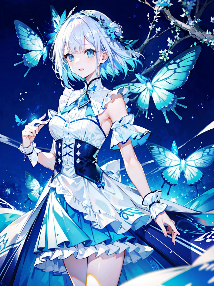 1 girl, blue eyes, Shift Dress, Blue Dress, White hair,Blue butterflies fly,Laugh happily、 return, Light Particles, Please open your mouth, in the room, gem, sleeveless, Bare shoulders, By Bangs,Beautiful and delicate eyes, Detailed background,