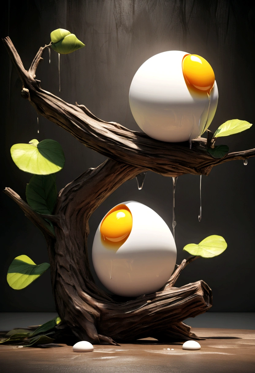 Surreal creatures blend food and nature.. Fried eggs on a branch in a white vase, Egg yolk, runny nose, dripping, dark texture background, Quail eggshells are scattered at the base., Botanical leaves, 3D virtual reality concept, Inspired by the art of Giuseppe Arcimboldo., Masterpiece