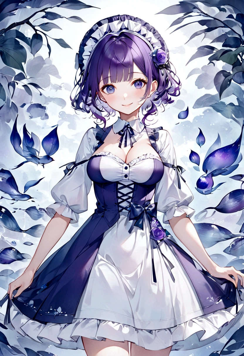 (masterpiece, Highest quality: 1.2),1. One, Beautiful Eyes,, ((Lolita))Natural Breasts(8K)(High resolution)((Highest quality)), ((Surrealism))、Purple Hair、smile